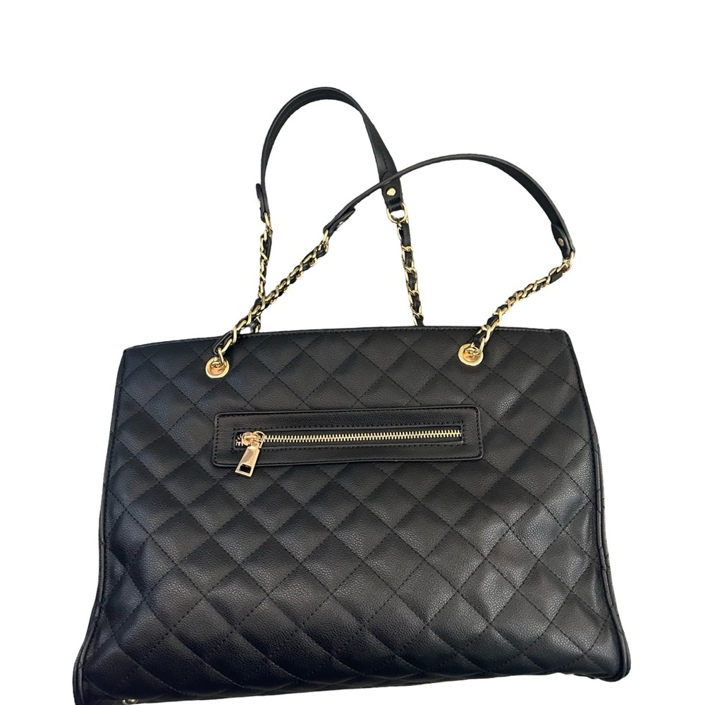 Black Quilted Chain Strap Tote Large Shoulder Bag Work Travel